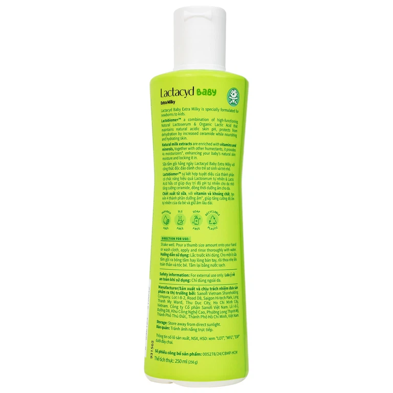 Sữa tắm gội cho bé Lactacyd Baby Extra Milky bảo vệ, nuôi dưỡng da và tóc (250ml)
