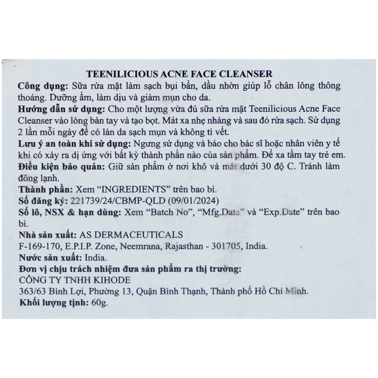 Gel rửa mặt Teenilicious làm sạch mụn, loại bỏ bụi bẩn và bả nhờn, ngăn ngừa mụn (60g)