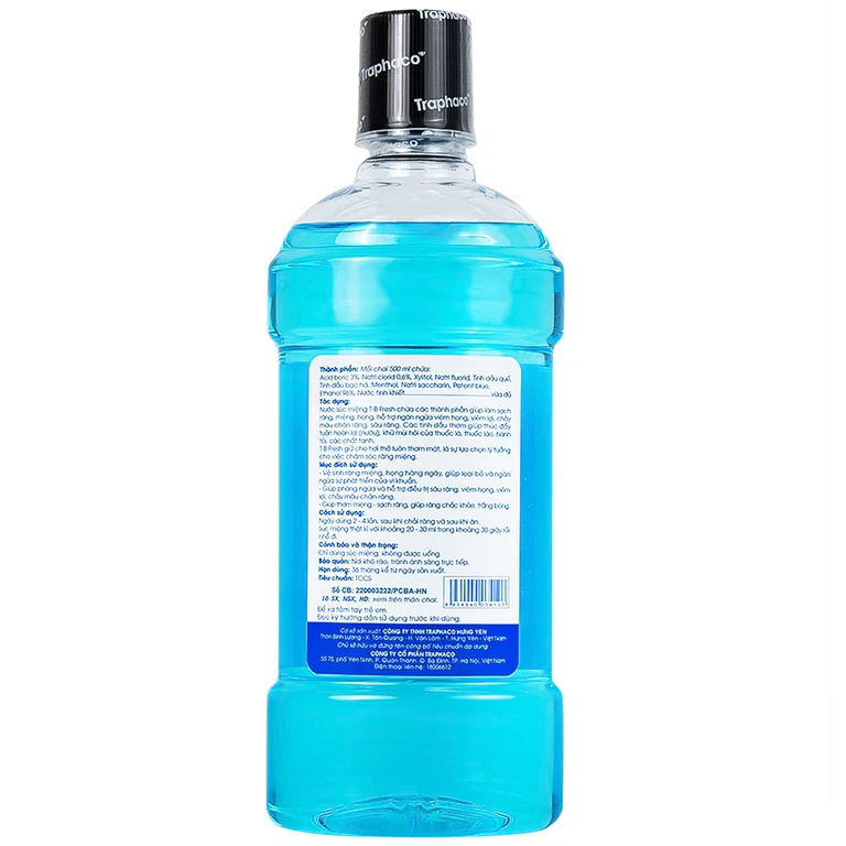 Nước súc miệng T-B Fresh 500ml Traphaco làm sạch răng, miệng, họng, hỗ trợ ngăn ngừa viêm họng, viêm lợi