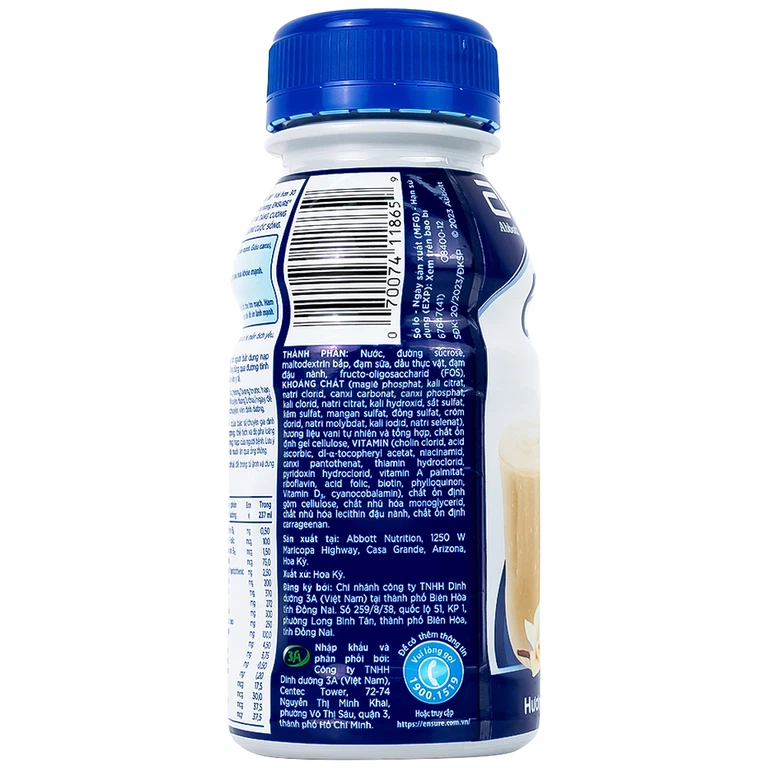 Sữa Ensure Original 237ml Abbott hương vani, bổ sung dinh dưỡng, hỗ trợ tiêu hóa (4 lốc x 6 chai) 