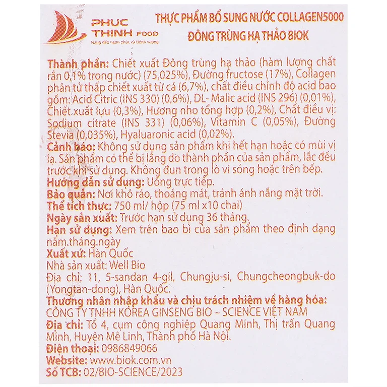Nước Collagen5000 Đông Trùng Hạ Thảo Biok (10 chai x 75ml)