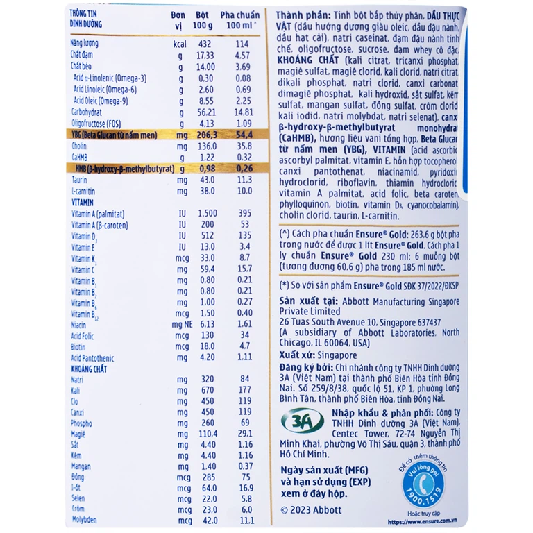 Sữa bột Ensure Gold StrengthPro Abbott hương vani, ít ngọt, tăng cường sức khỏe khối cơ, tăng miễn dịch (380g)