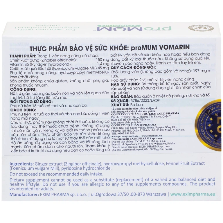Viên uống proMUM Vomarin hỗ trợ giảm buồn nôn cho phụ nữ mang thai, tăng tiết sữa mẹ (2 vỉ x 15 viên)