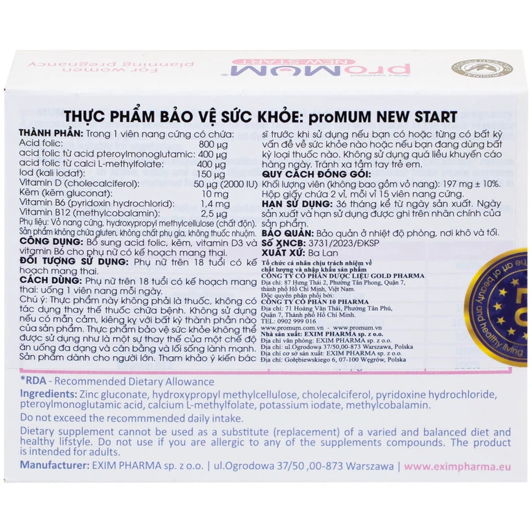 Viên uống proMUM New Start bổ sung vitamin và khoáng chất cho phụ nữ có kế hoạch mang thai (2 vỉ x 15 viên)