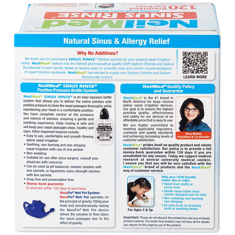 Muối rửa mũi Neilmed Sinus Rinse Kids giảm và ngăn ngừa các chứng viêm mũi dị ứng cho trẻ (120 gói)
