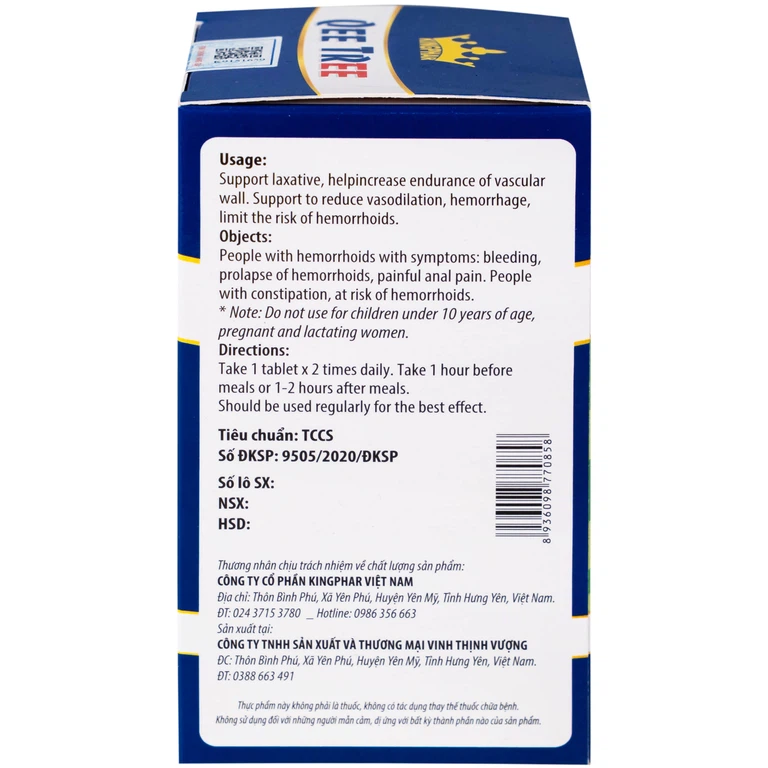 Viên uống Qee Tree Kingphar tăng độ bền thành mạch, nhuận tràng, chống táo bón (60 viên)
