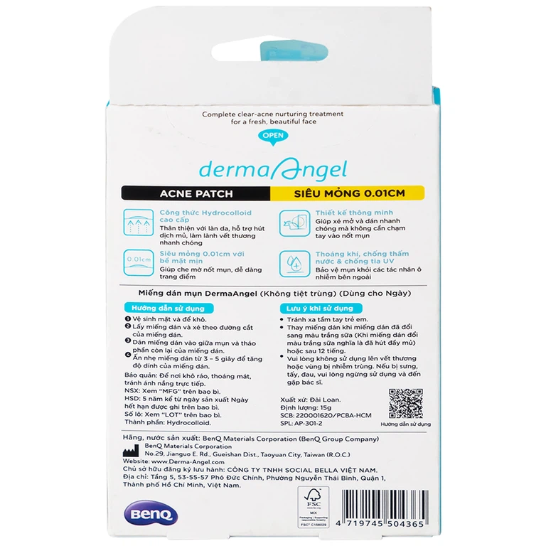 Miếng dán mụn ban ngày DermaAngel hút mụn nhanh chóng và làm lành vết thương sau mụn (12 miếng x 15g)