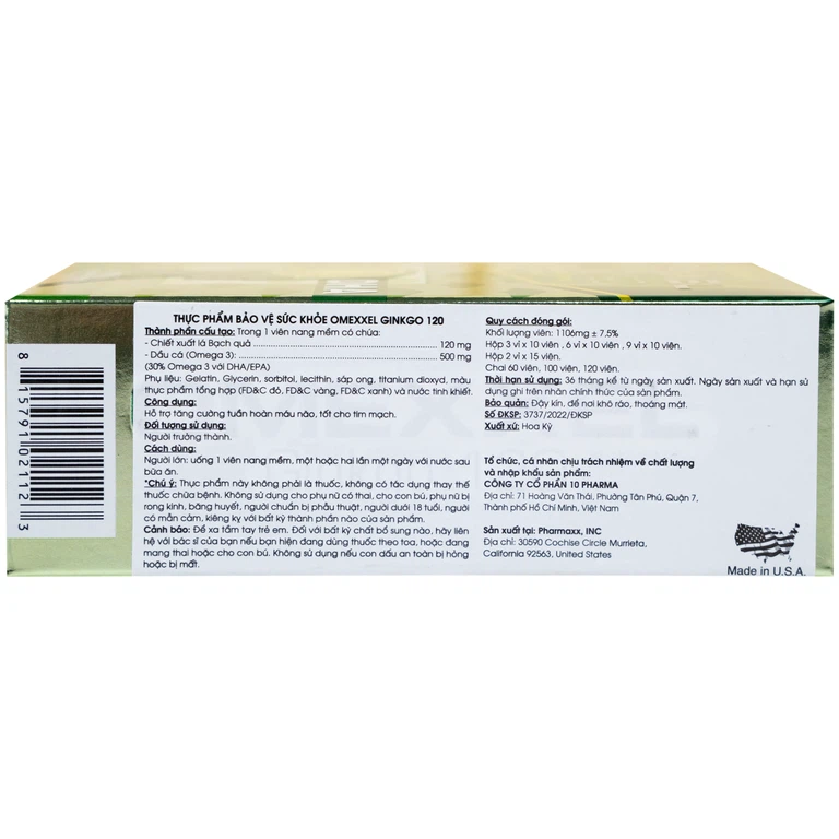 Viên uống Omexxel Ginkgo 120 Excelife tăng cường tuần hoàn máu não, tốt cho tim mạch (2 vỉ x 15 viên)