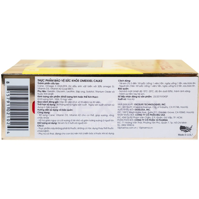 Viên uống Omexxel Calk2 Excelife bổ sung Canxi, Vitamin D3 (3 vỉ x 10 viên)