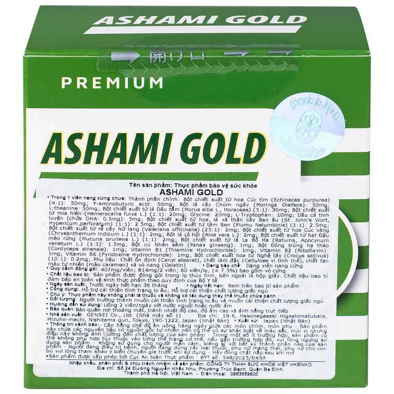 VIÊN UỐNG HỖ TRỢ CẢI THIỆN TÌNH TRẠNG LO ÂU, CẢI THIỆN GIẤC NGỦ ASHAMI GOLD VKENKO 60V