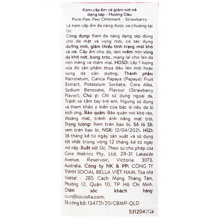Kem Pure Paw Paw Ointment hương dâu giúp dưỡng ẩm, giảm nứt nẻ, trị bỏng, côn trùng cắn (25g)