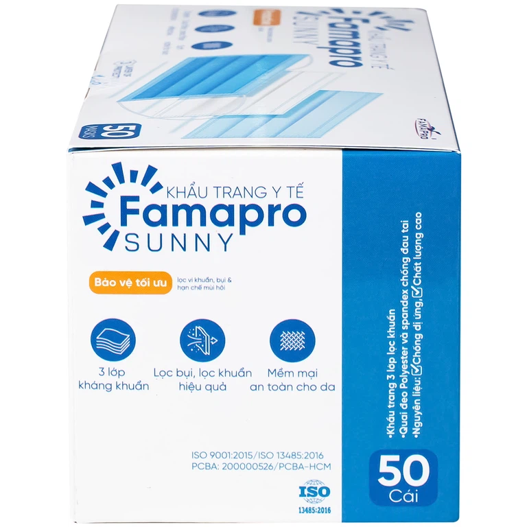 Khẩu trang kháng khuẩn 3 lớp Famapro Nam Anh chống nắng, chống bụi và bảo vệ hệ hô hấp (50 cái)