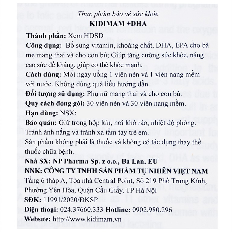 Viên uống Kidimam + DHA NP Pharma bổ sung vitamin, khoáng chất, DHA, EPA (5 vỉ x 12 viên)