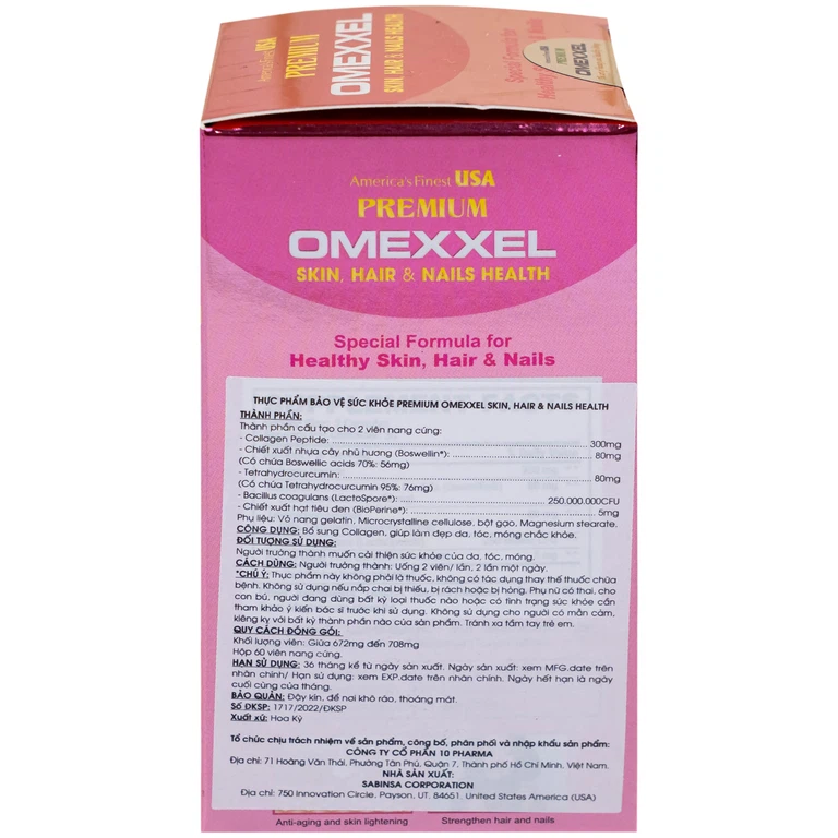 Thực phẩm bảo vệ sức khỏe Premium Omexxel Skin, Hair & Nails Health bổ sung collagen, giúp làm đẹp da, tóc, móng (60 viên)