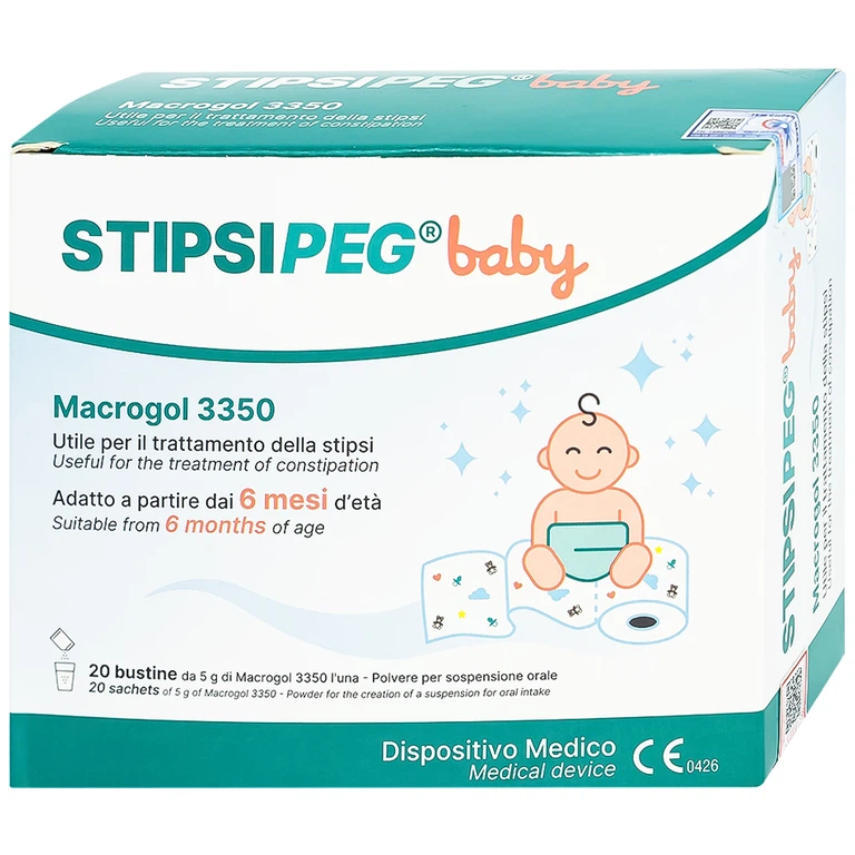 Bột nhuận tràng Stipsipeg Baby Macrogol 3350 giảm táo bón cho trẻ từ 6 tháng tuổi (20 gói x 5g)