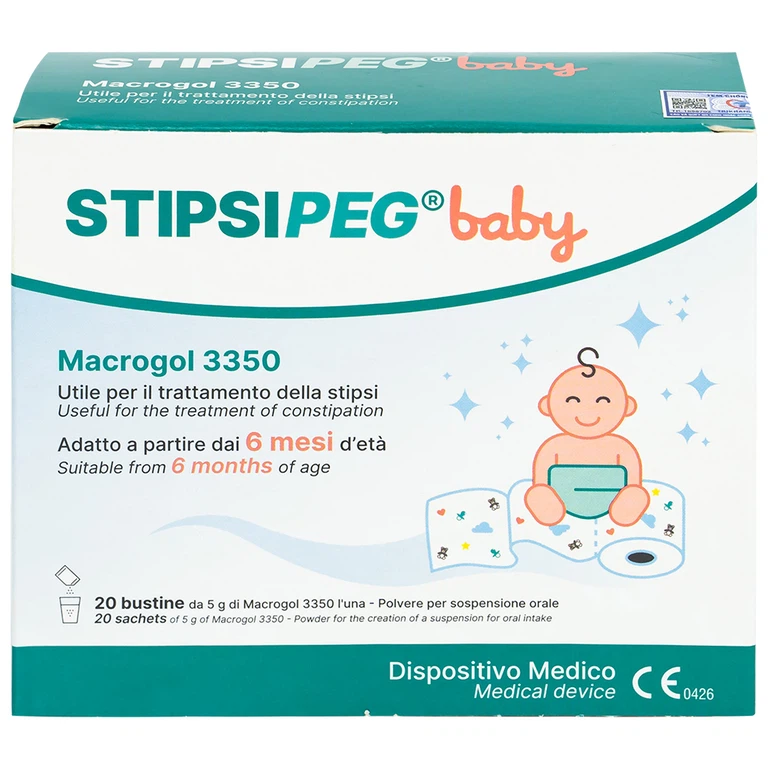 Bột nhuận tràng Stipsipeg Baby Macrogol 3350 giảm táo bón cho trẻ từ 6 tháng tuổi (20 gói x 5g)