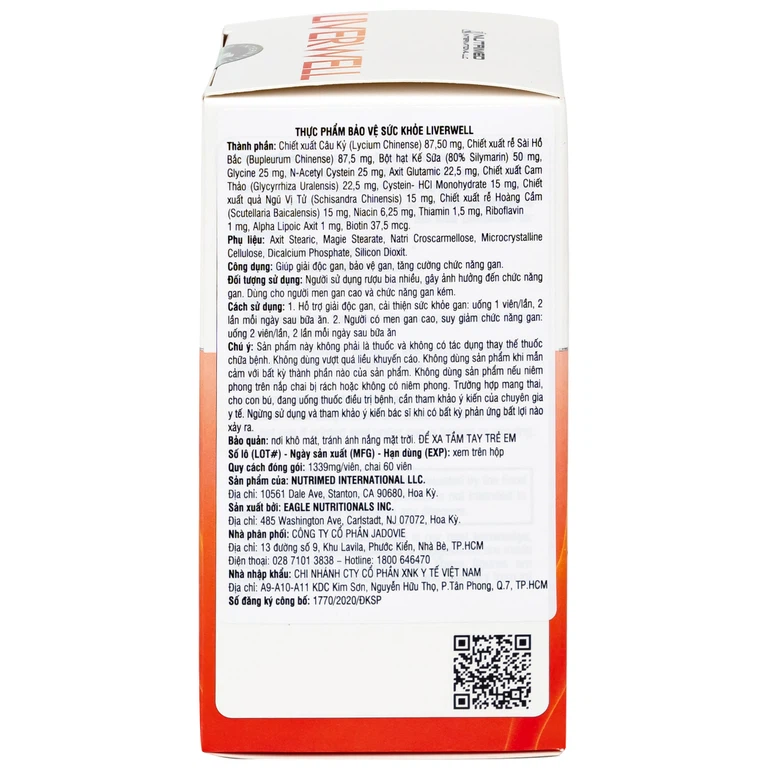 Viên uống Liverwell Nutrimed hỗ trợ giải độc gan giúp hỗ trợ giải độc gan, bảo vệ tế bào gan (60 viên)