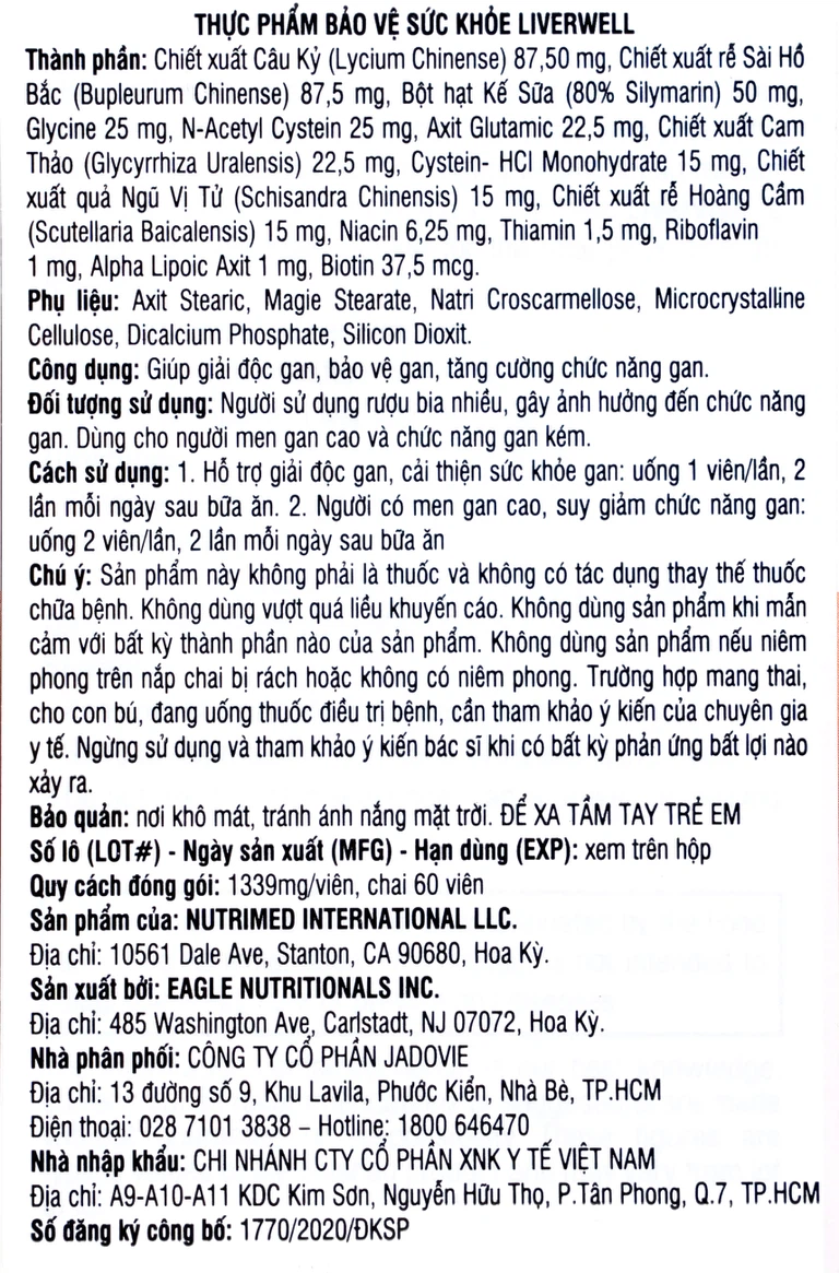 Viên uống Liverwell Nutrimed hỗ trợ giải độc gan giúp hỗ trợ giải độc gan, bảo vệ tế bào gan (60 viên)