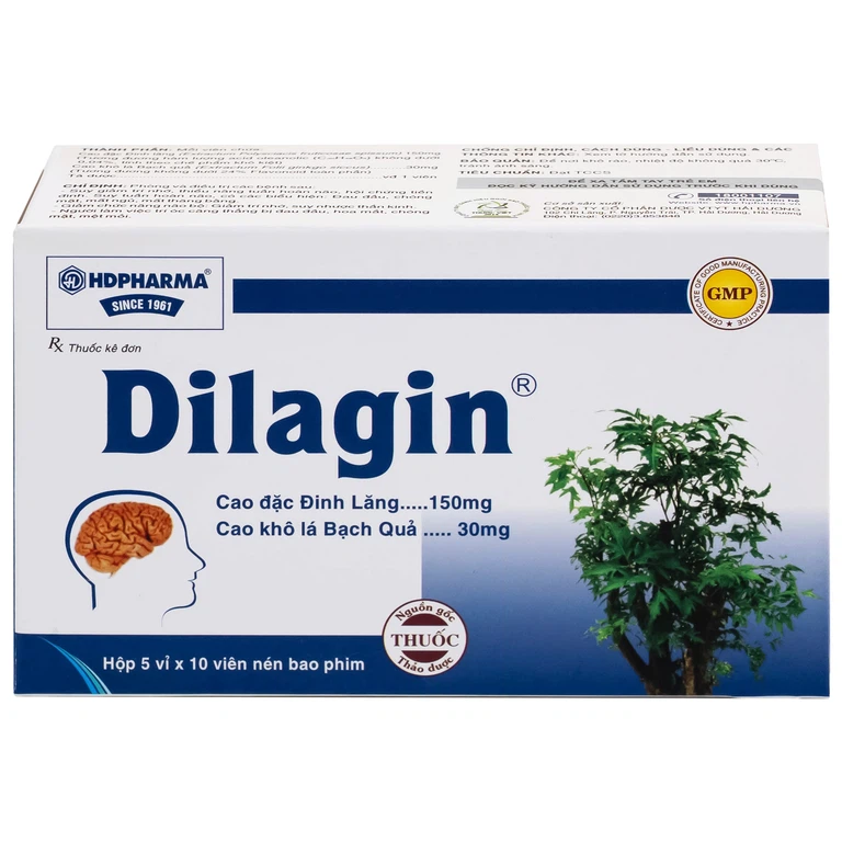 Thuốc Dilagin 150mg Hd Pharma phòng và điều trị suy giảm trí nhớ, thiểu năng tuần hoàn não (5 vỉ x 10 viên)