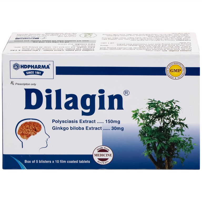 Thuốc Dilagin 150mg Hd Pharma phòng và điều trị suy giảm trí nhớ, thiểu năng tuần hoàn não (5 vỉ x 10 viên)