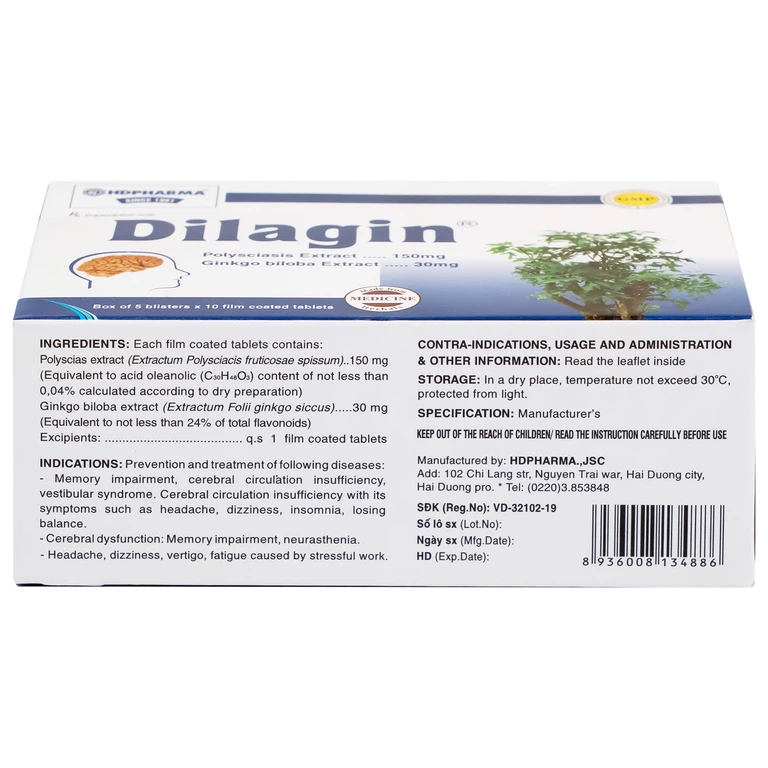 Thuốc Dilagin 150mg Hd Pharma phòng và điều trị suy giảm trí nhớ, thiểu năng tuần hoàn não (5 vỉ x 10 viên)