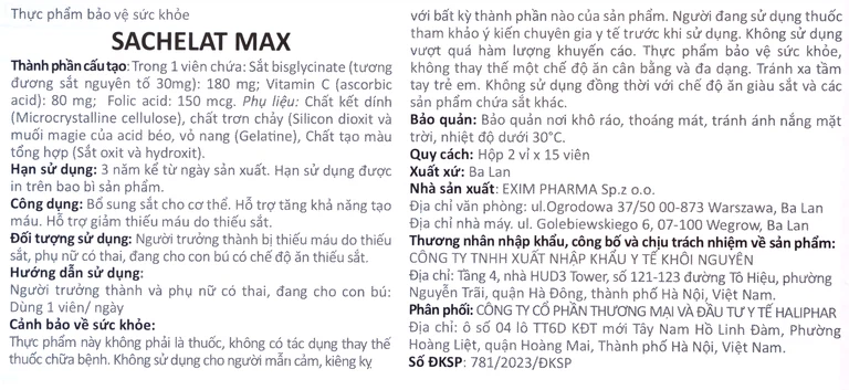 Viên uống Sachelat Max Haliphar Exim Pharma bổ sung sắt, hỗ trợ tăng khả năng tạo máu (2 vỉ x 15 viên)