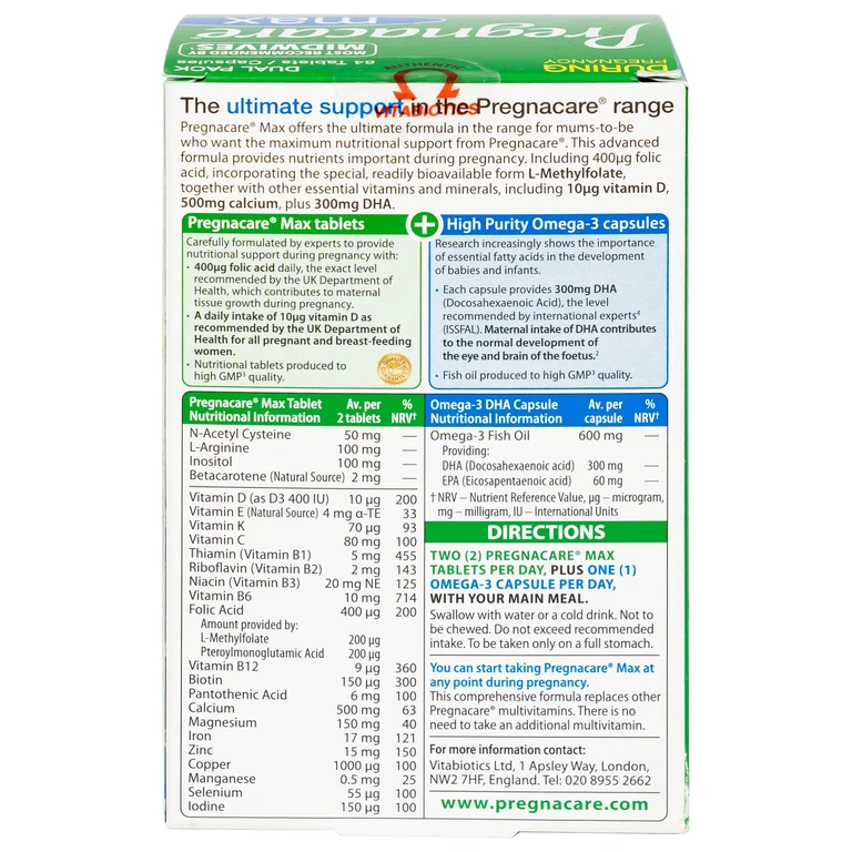 Viên uống Pregnacare Max Omega 3 DHA Vitabiotics cung cấp vitamin và khoáng chất cho phụ nữ mang thai (84 viên)