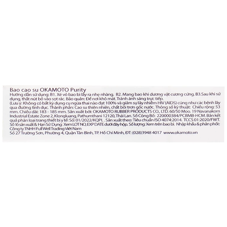 Bao cao su Okamoto Skinless Skin Purity không mùi, tinh khiết, dùng để phòng tránh thai và ngăn ngừa HIV (3 cái)