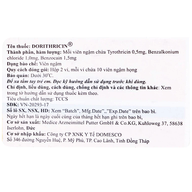 Viên ngậm Dorithricin Hyphens điều trị các triệu chứng nhiễm khuẩn miệng, họng (20 viên)
