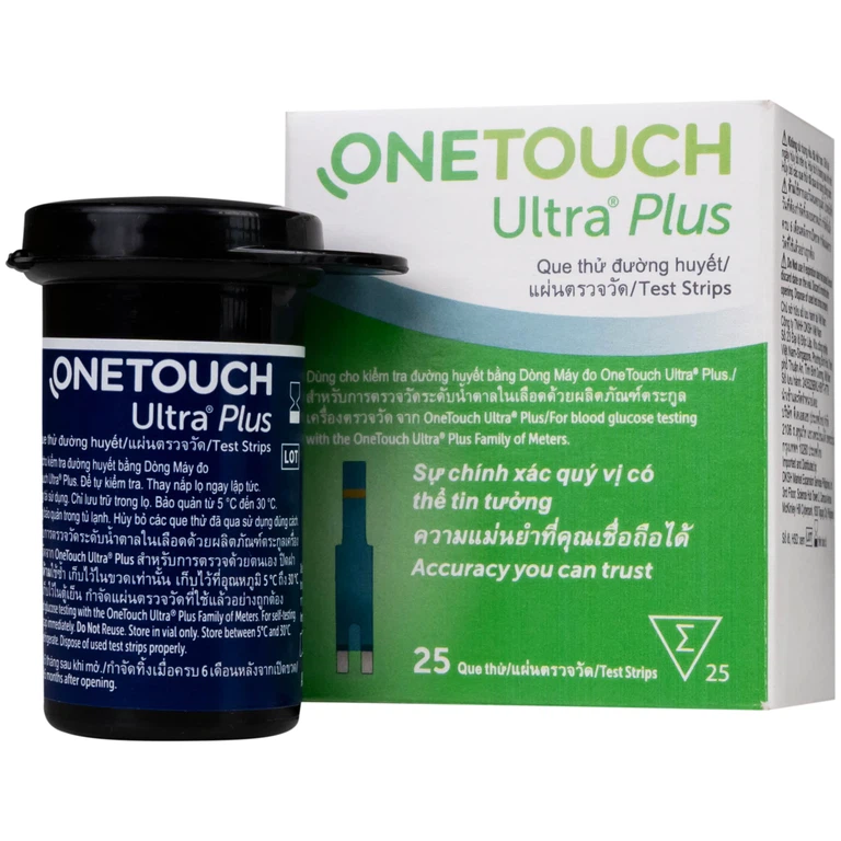 Que thử đường huyết Onetouch Ultra Plus Test Strips dùng để đo chỉ số đường huyết người bệnh tiểu đường (25 cây)