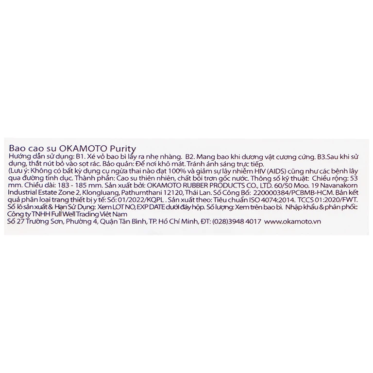 Bao cao su Okamoto Skinless Skin Purity không mùi, tinh khiết, dùng để phòng tránh thai và ngăn ngừa HIV (10 cái)