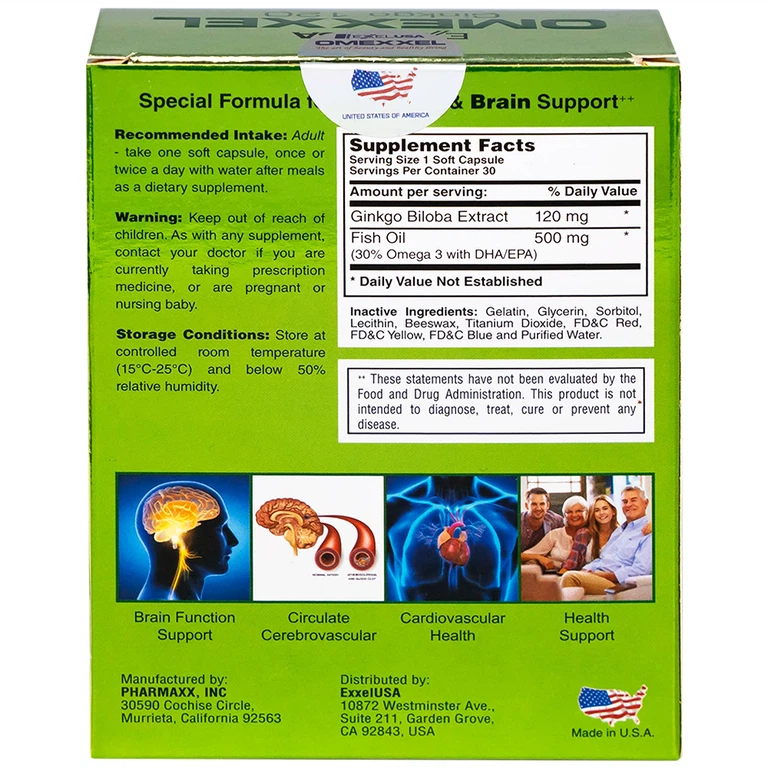 Viên uống Omexxel Ginkgo 120 Excelife tăng cường tuần hoàn máu não, tốt cho tim mạch (2 vỉ x 15 viên)