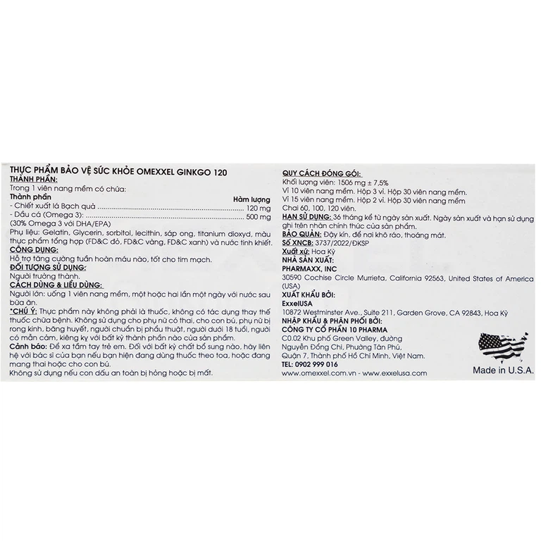 Viên uống Omexxel Ginkgo 120 Excelife tăng cường tuần hoàn máu não, tốt cho tim mạch (2 vỉ x 15 viên)
