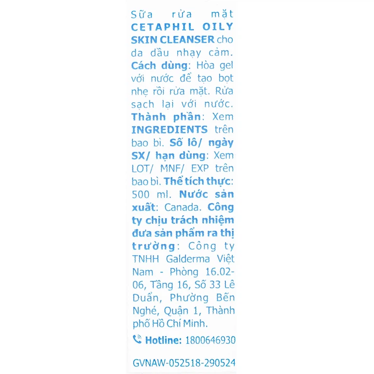 Sữa rửa mặt Cetaphil Oily Skin Cleanser 500ml cho da dầu nhạy cảm