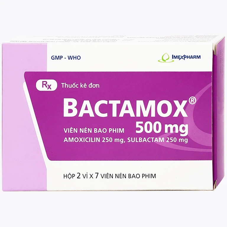 Thuốc Bactamox 500mg Imexpharm điều trị nhiễm khuẩn đường hô hấp dưới, viêm tai giữa (2 vỉ x 7 viên)