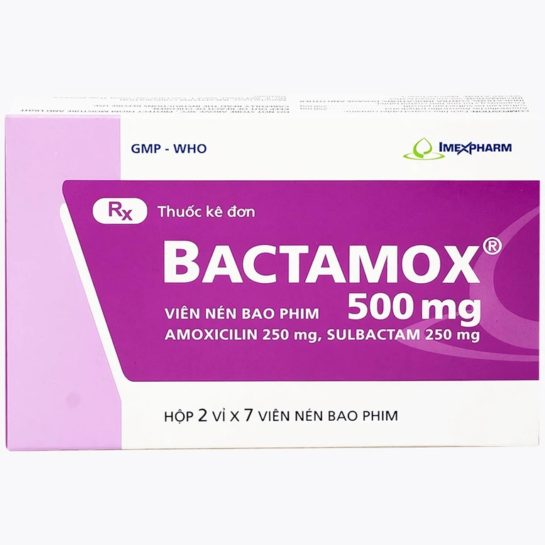 Thuốc Bactamox 500mg Imexpharm điều trị nhiễm khuẩn đường hô hấp dưới, viêm tai giữa (2 vỉ x 7 viên)