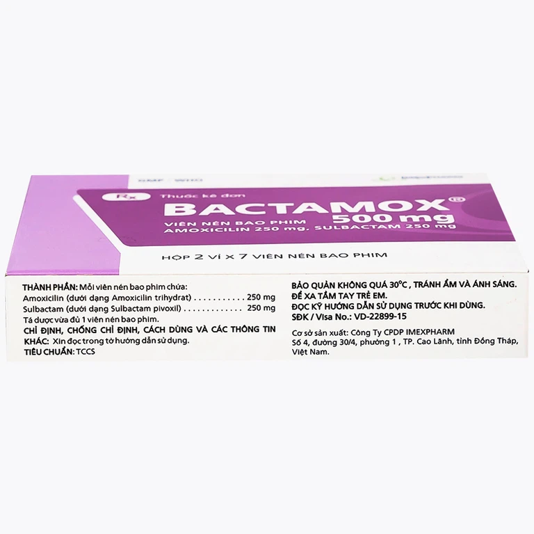 Thuốc Bactamox 500mg Imexpharm điều trị nhiễm khuẩn đường hô hấp dưới, viêm tai giữa (2 vỉ x 7 viên)