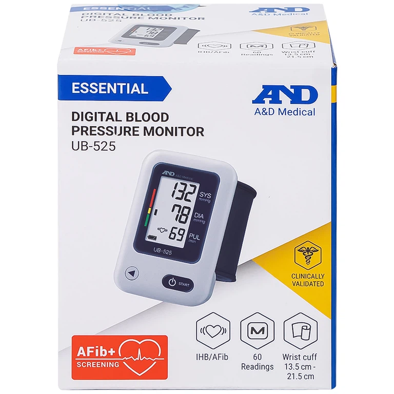 Máy đo huyết áp cổ tay tự động AND UB-525  hỗ trợ đo huyết áp, cảnh báo đột quỵ