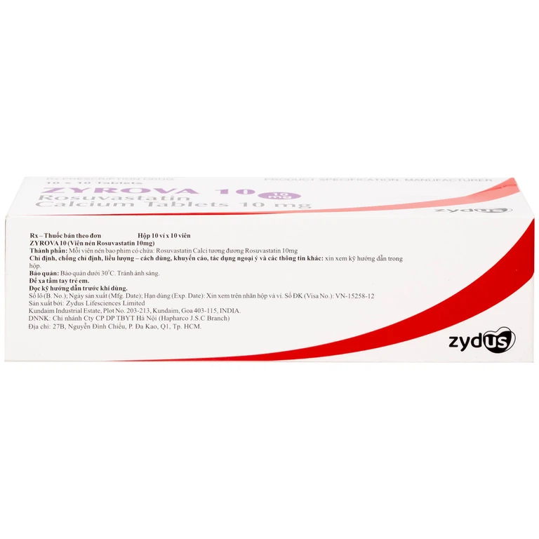 Thuốc Zyrova 10 Zydus điều trị cholesterol cao trong máu (10 vỉ x 10 viên)