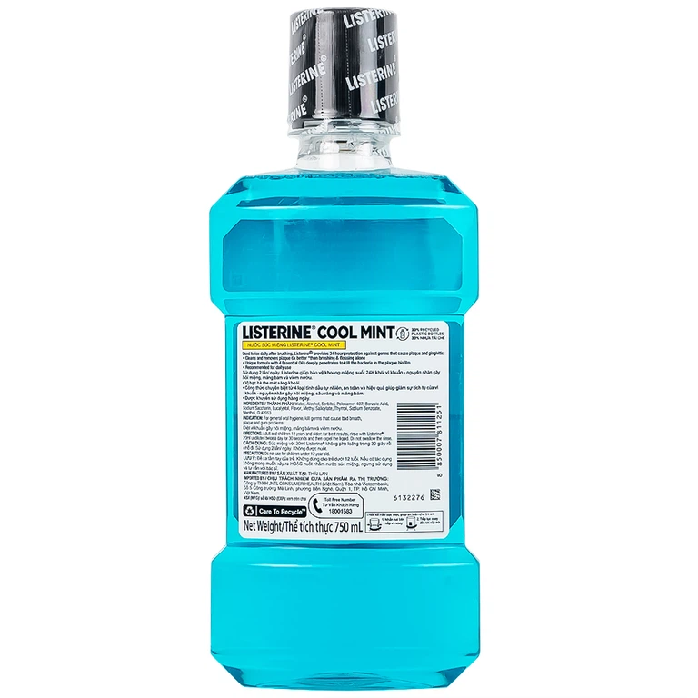 Nước súc miệng Listerine Cool Mint bảo vệ khoang miệng suốt 24h khỏi vi khuẩn hôi miệng, mảng bám, viêm nướu (750ml)