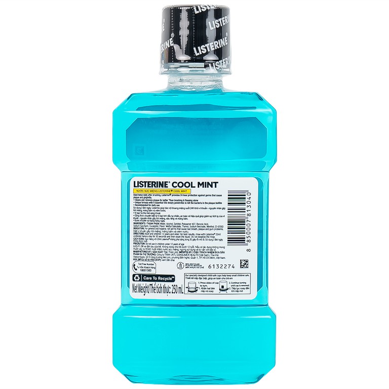 Nước súc miệng Listerine Cool Mint bảo vệ khoang miệng suốt 24h khỏi vi khuẩn hôi miệng, mảng bám, viêm nướu (250ml)