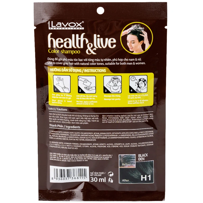 Gội phủ bạc Health and live H1 Lavox màu đen (10 gói x 30ml)