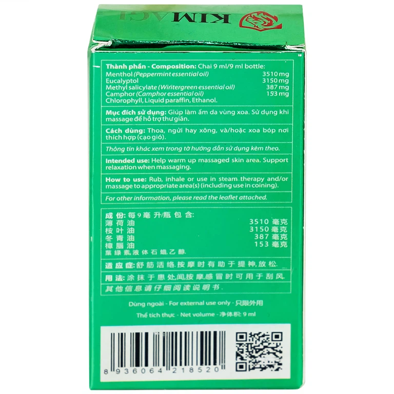 Dầu gió lăn Kimagi New Agimexpharm làm ấm da vùng xoa, sử dụng khi massage hỗ trợ thư giãn (9ml)