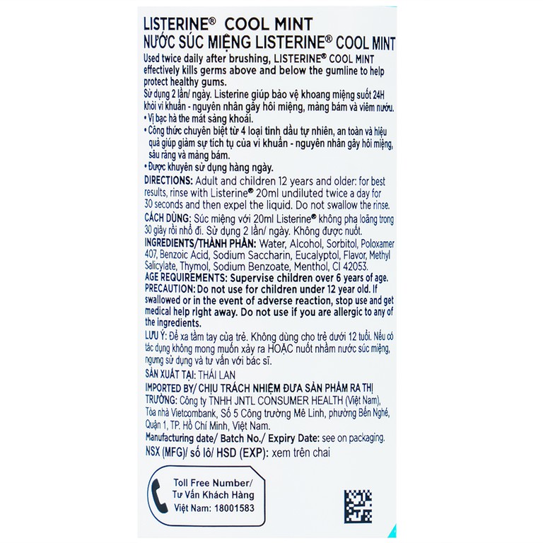 Nước súc miệng Listerine Cool Mint bảo vệ khoang miệng suốt 24h khỏi vi khuẩn hôi miệng, mảng bám, viêm mướu (100ml)