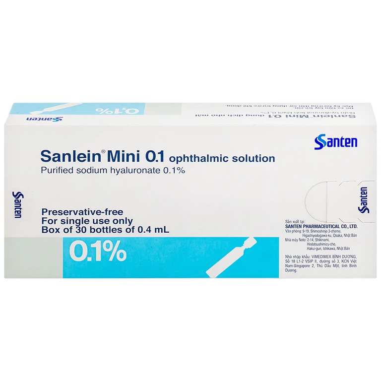 Thuốc nhỏ mắt Sanlein Mini 0.1% Santen hỗ trợ điều trị rối loạn biểu mô kết giác mạc (3 vỉ x 10 lọ x 0.4ml)