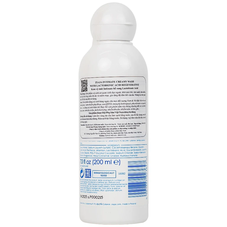 Kem vệ sinh Ziaja Intimate bổ sung Lactobionic Acid giúp ngăn ngừa tình trạng viêm nhiễm phụ khoa (200ml)