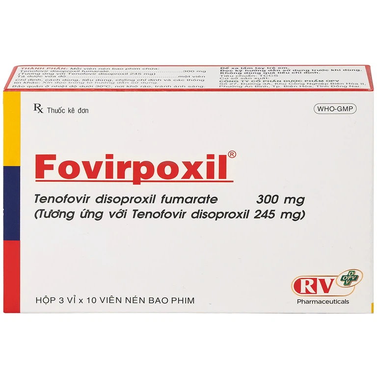 Thuốc Fovirpoxil Opv Tenofovir disoproxil fumarate điều trị viêm gan B, HIV-1 (3 vỉ x 10 viên)