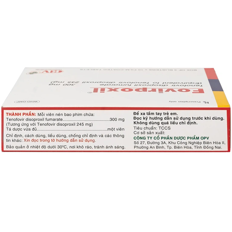Thuốc Fovirpoxil Opv Tenofovir disoproxil fumarate điều trị viêm gan B, HIV-1 (3 vỉ x 10 viên)