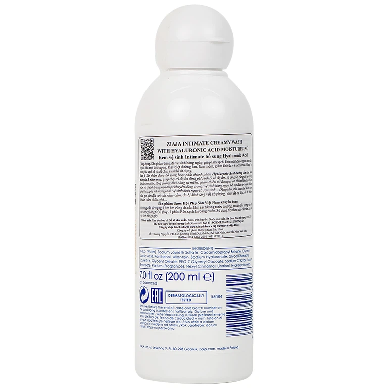 Kem vệ sinh Ziaja Intimate bổ sung Hyaluronic Acid giúp làm sạch, khử mùi hôi cho mọi đối tượng (200ml)