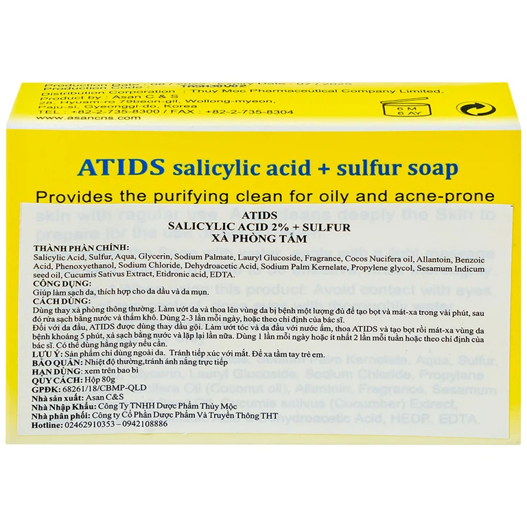 Xà phòng tắm Atids Salicylic Acid 2% + Sulfur làm sạch da, thích hợp cho da dầu, da mụn (80g)